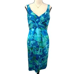 DAVID MEISTER | Blue Green watercolor Silk Sheath Dress Sz 8
